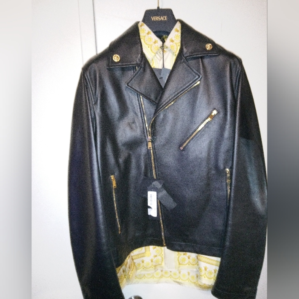 Versace Black and Gold Leather Bomber Jacket